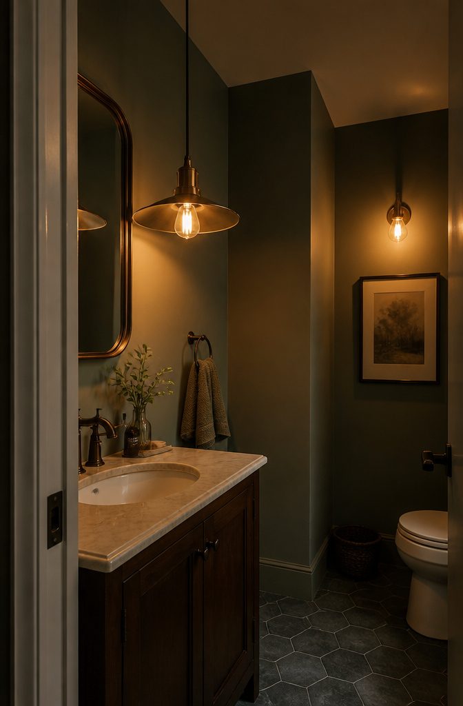 11 Ways to Decorate a Small Powder Room 5 Bronze pendant hanging above a powder room vanity and sink