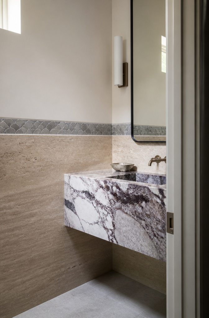 11 Ways to Decorate a Small Powder Room 9 Powder room wall with travertine, purple-veined marble, and grey fish scale tile