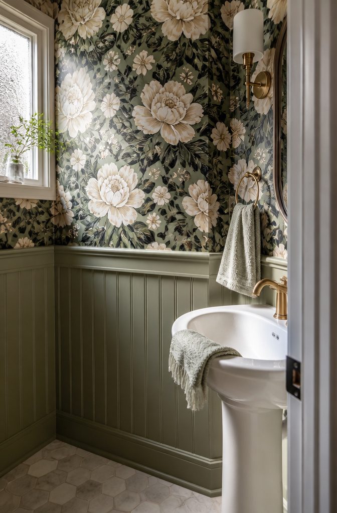 11 Ways to Decorate a Small Powder Room 2 Small powder room with patterned wallpaper covering the walls