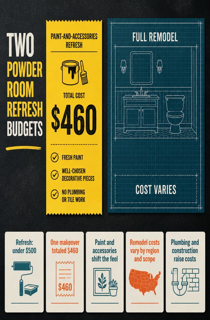 11 Ways to Decorate a Small Powder Room 14 Powder room budget graphic comparing a small refresh with a full remodel