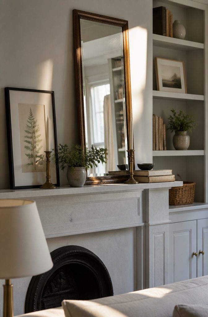 How to Decorate Fireplace Shelves: 10 Ideas That Work 8 Fireplace shelves with leaning mirror framed art candlesticks and plants