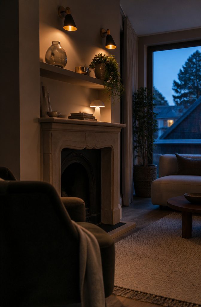 How to Decorate Fireplace Shelves: 10 Ideas That Work 10 Fireplace shelves lit by sconces above glass and metal objects
