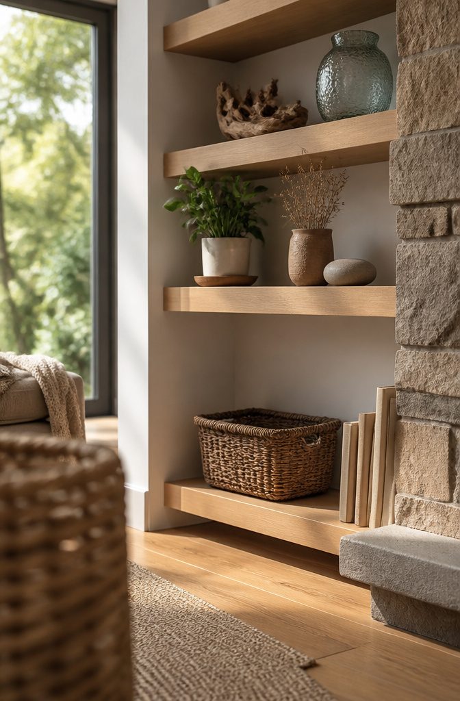 How to Decorate Fireplace Shelves: 10 Ideas That Work 7 Fireplace shelves with potted greenery woven basket and stone accents