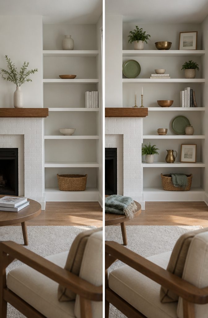 How to Decorate Fireplace Shelves: 10 Ideas That Work 2 Fireplace shelves and mantel decorated with objects in green blue black and earth tones