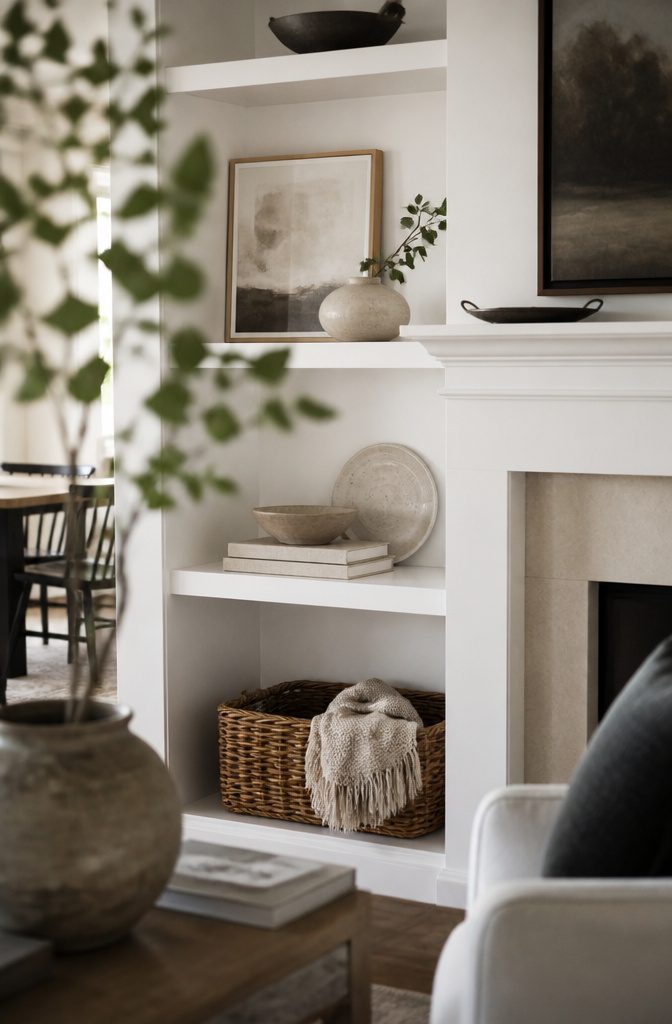 How to Decorate Fireplace Shelves: 10 Ideas That Work 4 Fireplace shelf with abstract print low vase stacked books decorative bowl and small plate