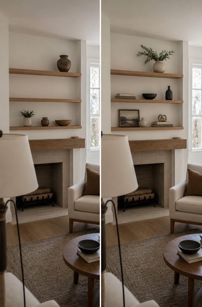 How to Decorate Fireplace Shelves: 10 Ideas That Work 9 Fireplace shelves with a few separated objects and open areas