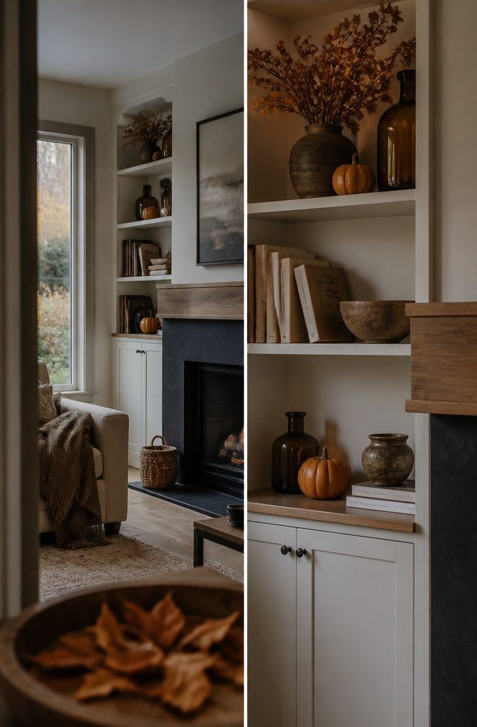 How to Decorate Fireplace Shelves: 10 Ideas That Work 11 Fireplace shelves with small pumpkins amber glass and seasonal books