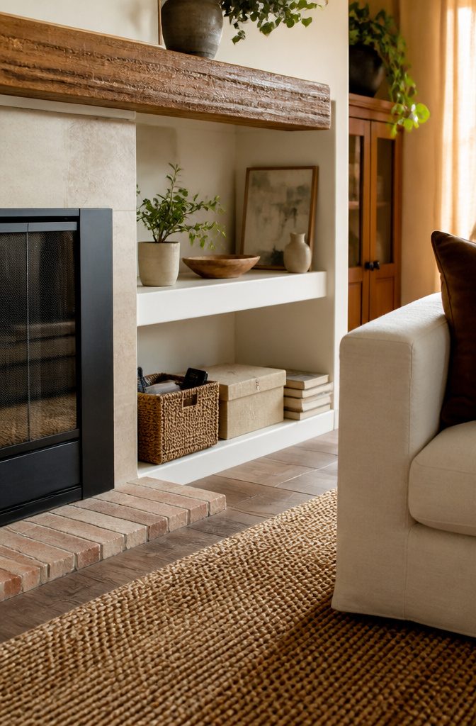 How to Decorate Fireplace Shelves: 10 Ideas That Work 13 Lower fireplace shelf with woven basket lidded linen box and stacked books