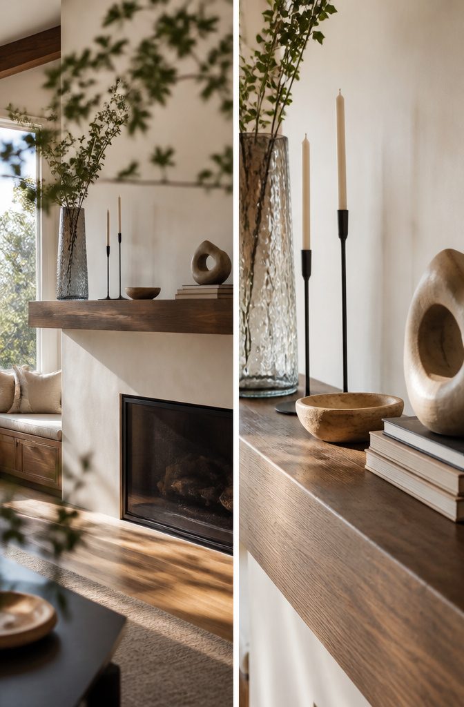 How to Decorate Fireplace Shelves: 10 Ideas That Work 3 Fireplace shelf with tall candlesticks short bowls stacked books and a small sculpture