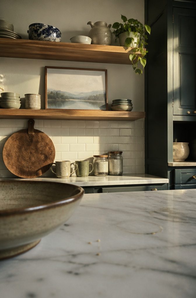 Kitchen shelf with framed art behind mugs jars and small bowls