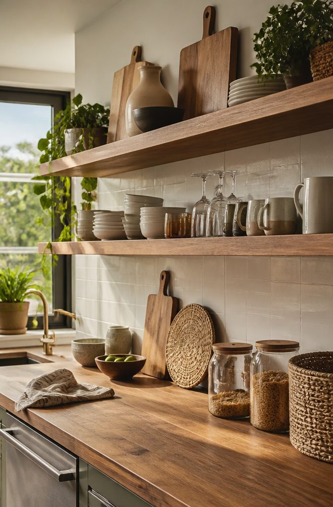 Warm wood kitchen shelves holding white dishes glassware mugs baskets and a green plant