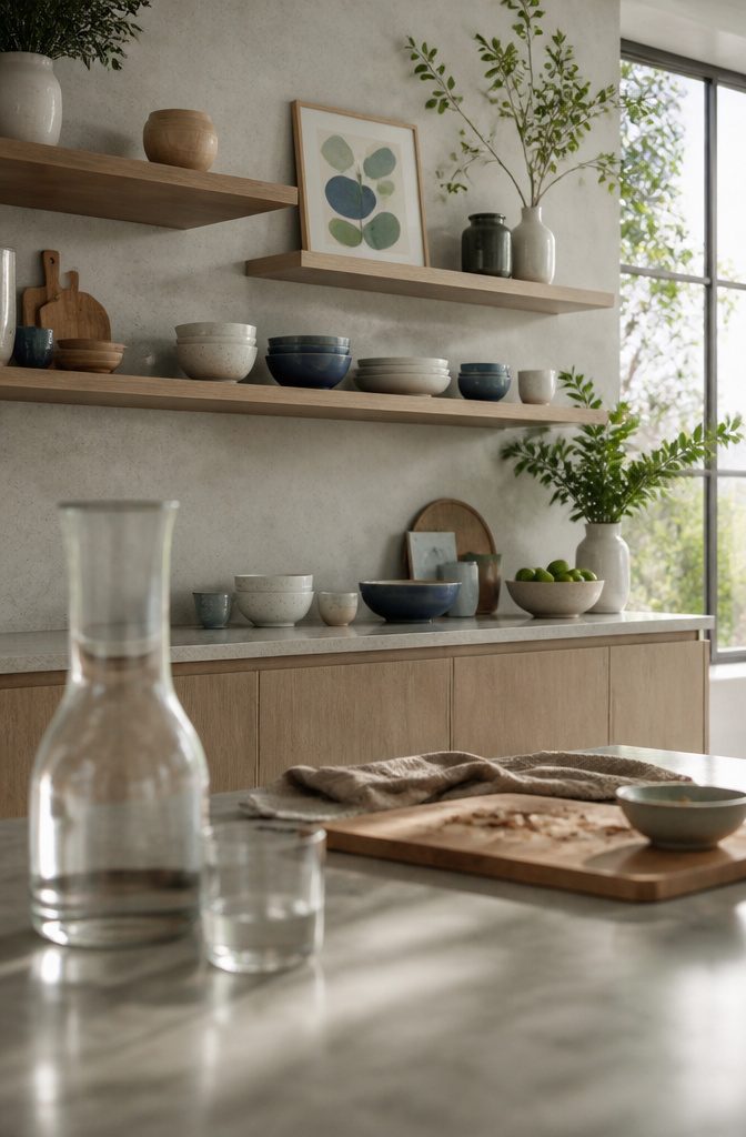 Kitchen shelves with coordinated dishes and accessories in neutral and accent colors