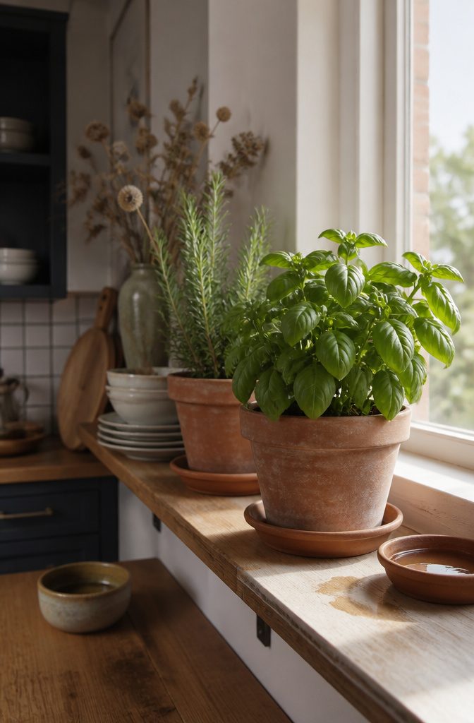 Kitchen shelf with potted herbs and natural greenery beside kitchen items