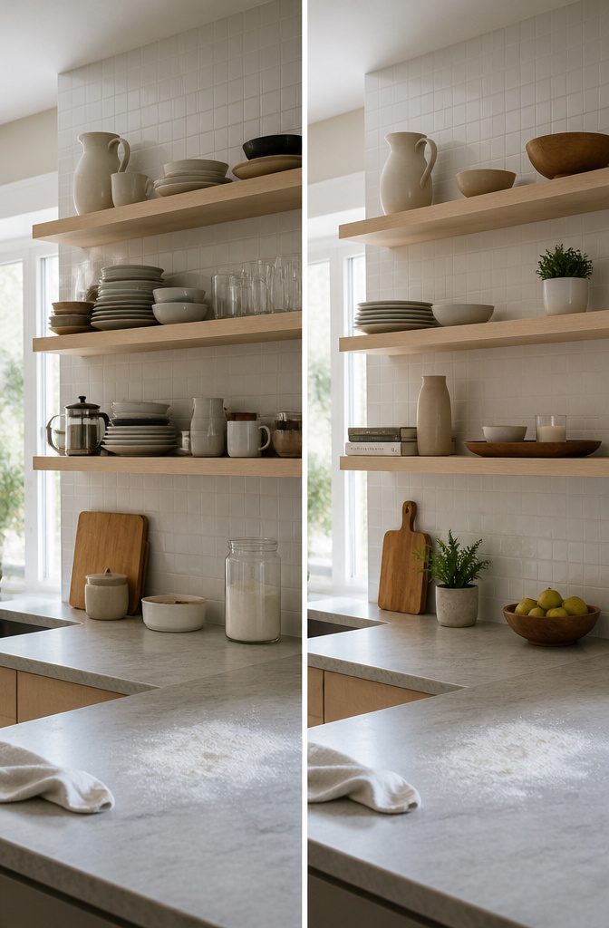 Kitchen shelves with spaced dishes a vase and open gaps between objects