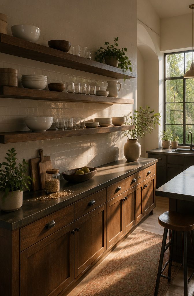 Kitchen shelves with repeated colors materials and objects across several levels