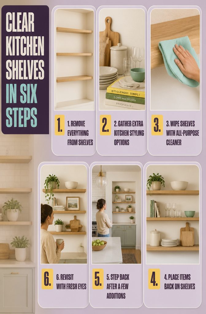 Kitchen shelf cleaning guide with six numbered steps and simple illustrations