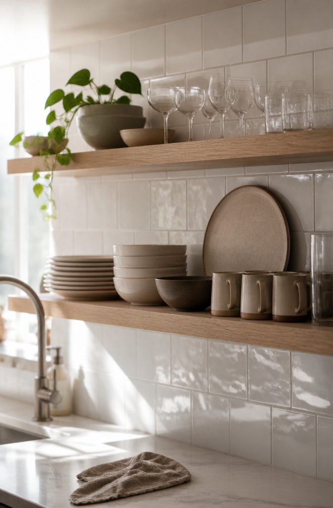 Open kitchen shelves holding stacked plates bowls mugs and drinking glasses