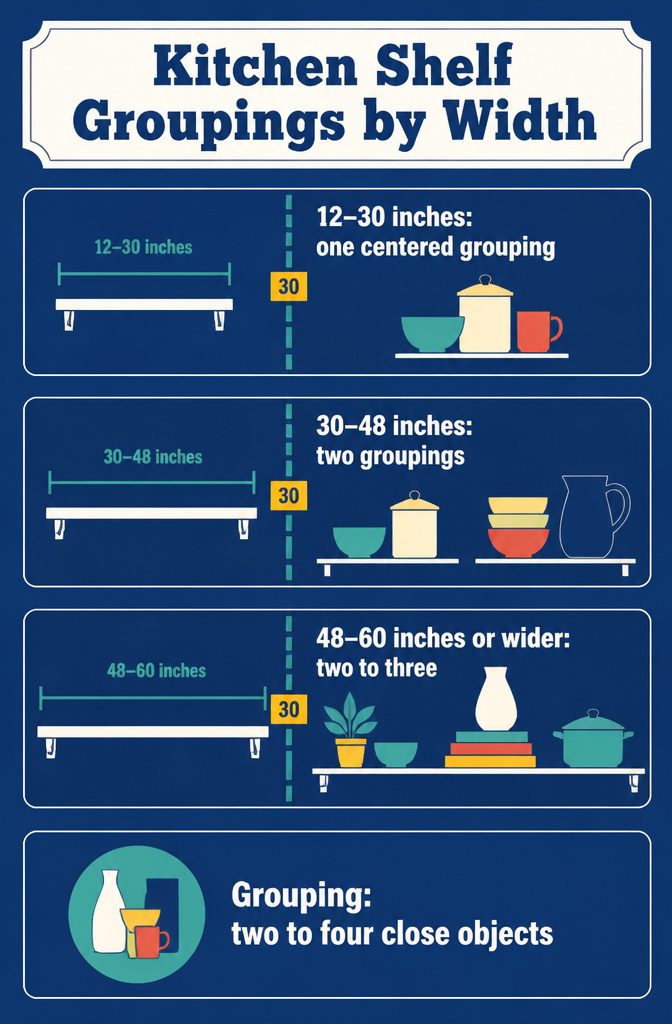 Kitchen shelf grouping guide with width ranges and clusters of objects