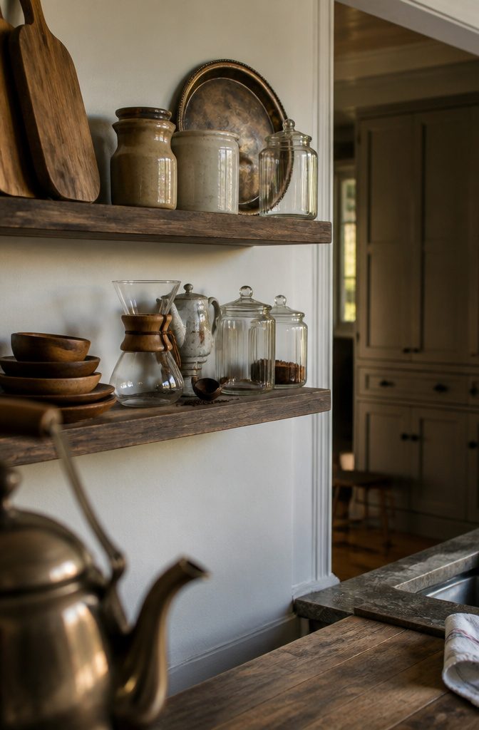Kitchen shelf with worn wooden board stoneware crocks silver platter and glass coffee brewer