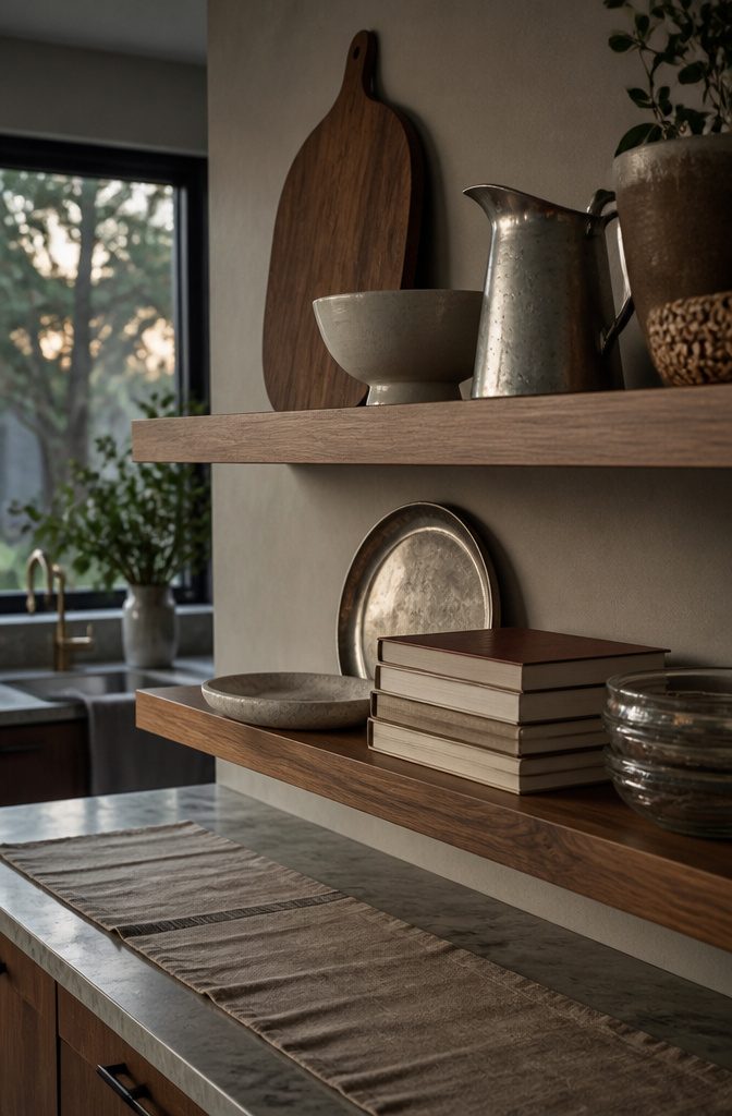 Kitchen shelf with a wood cutting board ceramic bowl metal pitcher books and glass bowls