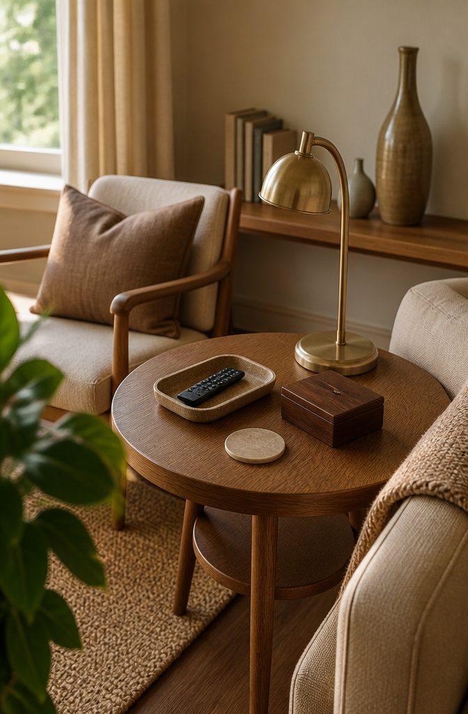 Living room surface with a tray, lamp and thoughtfully arranged accessories