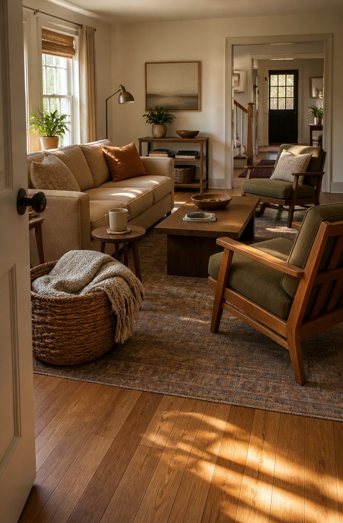 Living room with a sofa, two chairs, low coffee table, reading lamp and folded throw
