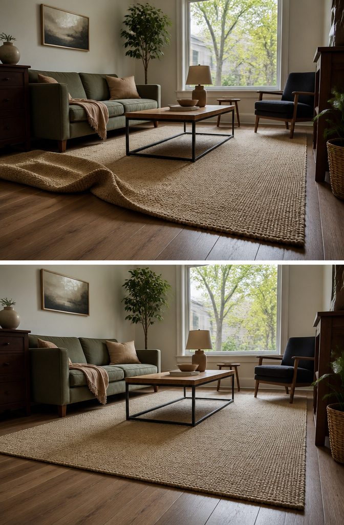 Living room with arranged furniture and edited surfaces