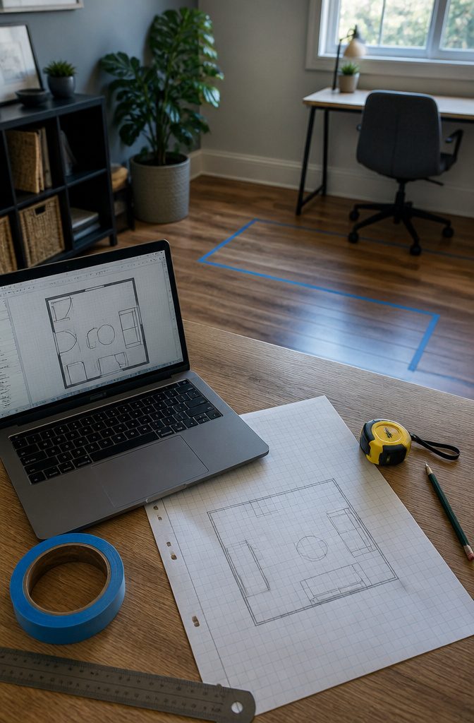 Home office desk with laptop floor plan, graph paper, measuring tape and painter’s tape