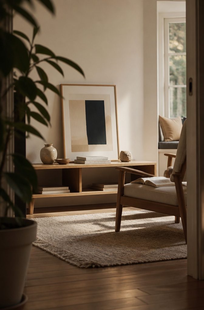 Personal room with collected books, meaningful objects and chosen artwork