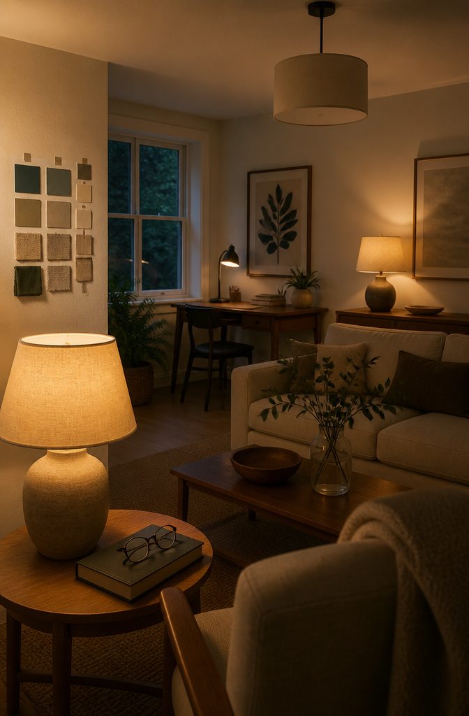 Living room at dusk with paint swatches, fabric samples, pendant and table lamps