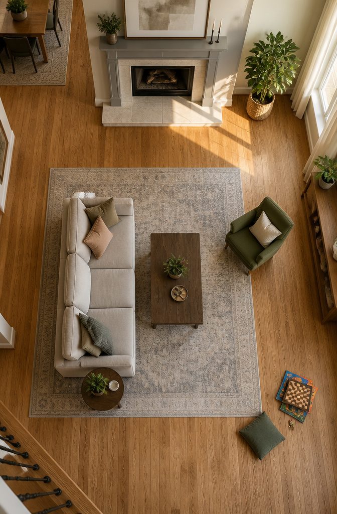 Living room seating arranged around a focal point with an open walkway