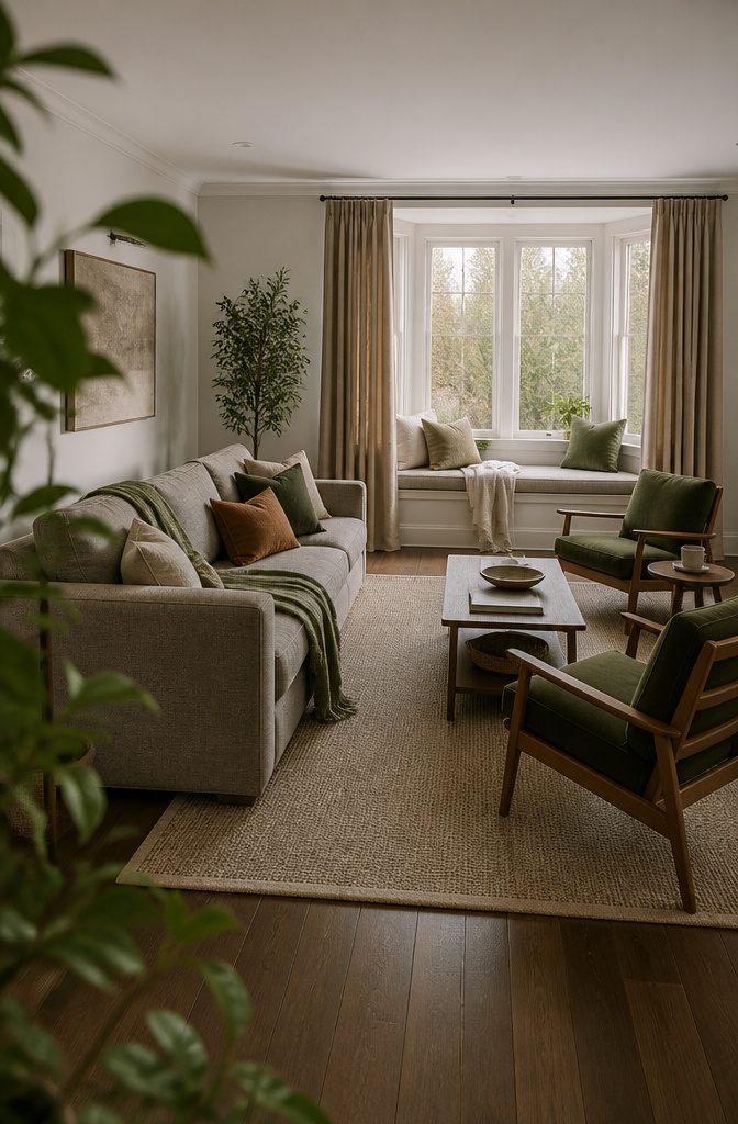 Living room with a sofa, accent chairs, rug, curtains and soft furnishings