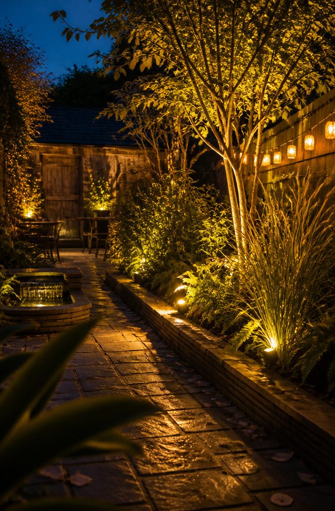 How to Design a Small Garden Space: 20 Ideas That Work 21 Garden path and plants lit by low outdoor spotlights