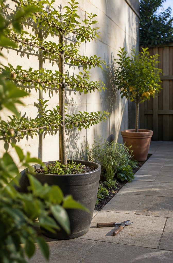 How to Design a Small Garden Space: 20 Ideas That Work 4 Espalier apple tree on wall with potted citrus and low perennials