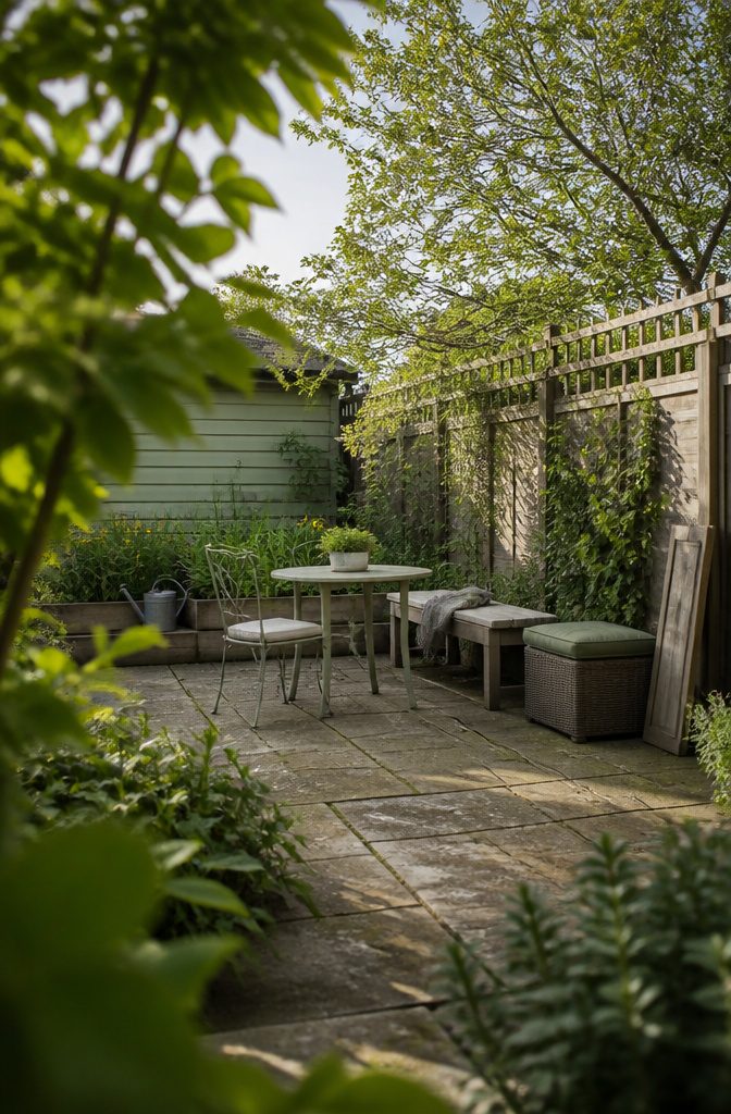 How to Design a Small Garden Space: 20 Ideas That Work 12 Small outdoor table and bench on a compact garden patio