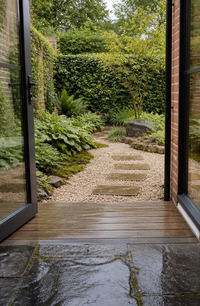 How to Design a Small Garden Space: 20 Ideas That Work 23 Garden threshold with brick, pale gravel, stepping stones, and a small deck