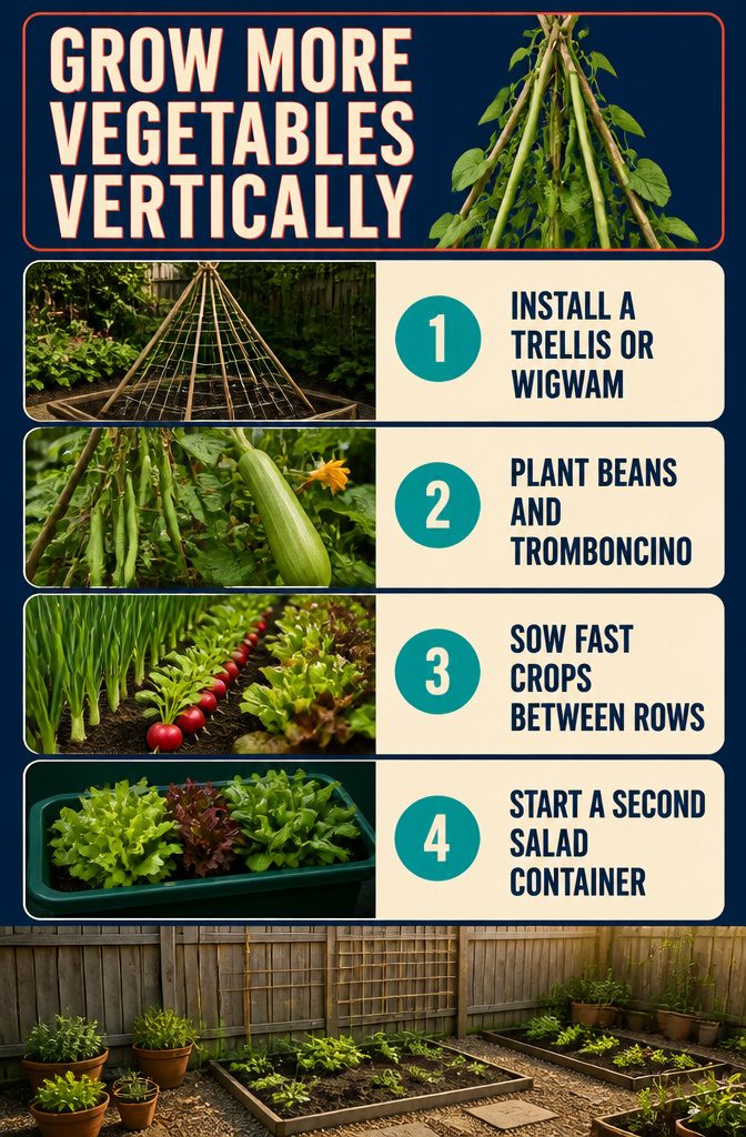 How to Design a Small Garden Space: 20 Ideas That Work 19 Vegetable garden with climbing beans on a trellis above leafy crops
