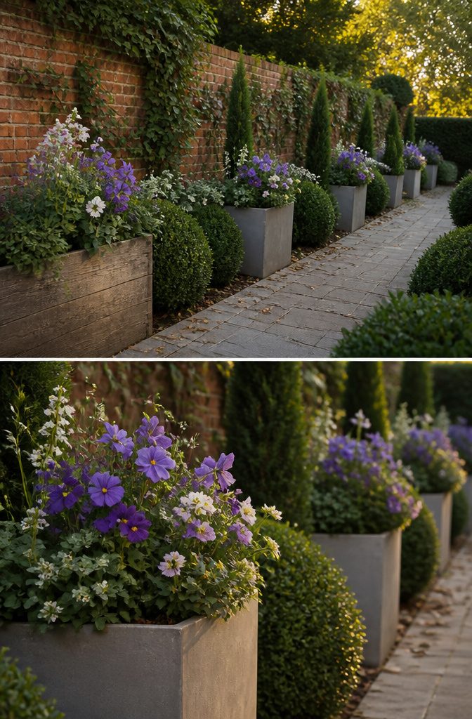 How to Design a Small Garden Space: 20 Ideas That Work 6 Garden border with repeated evergreens and flowers in a limited color palette