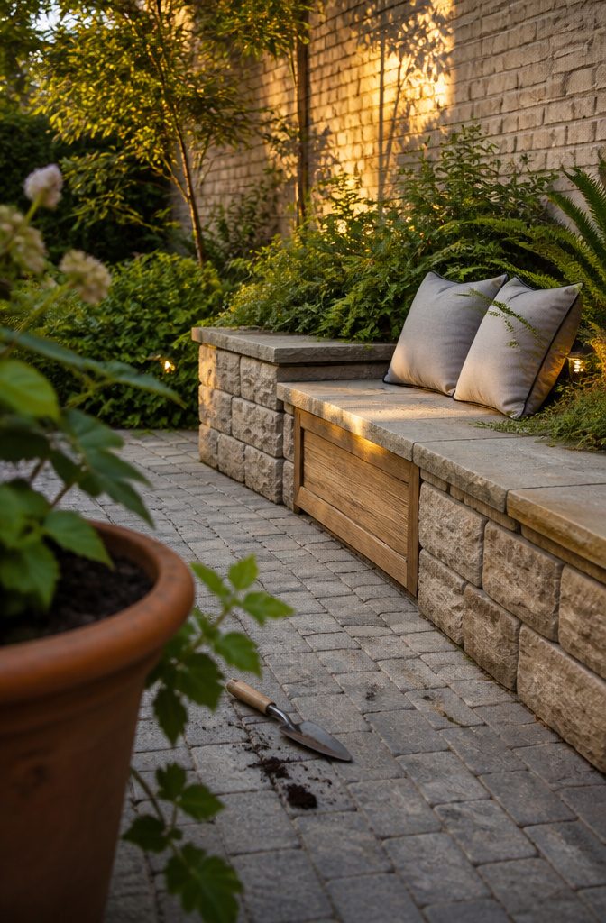 How to Design a Small Garden Space: 20 Ideas That Work 11 Stone retaining wall with a wide seat, cushions, and hidden storage