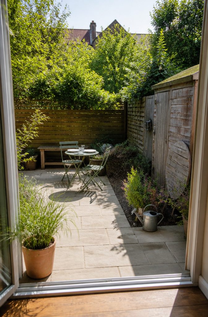 How to Design a Small Garden Space: 20 Ideas That Work 2 Compact garden patio with a table, chairs, and planted borders
