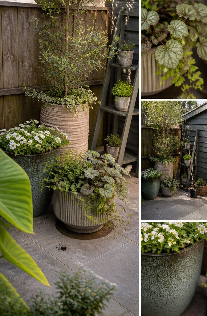 How to Design a Small Garden Space: 20 Ideas That Work 17 Ladder plant stand holding pots of different sizes beside a fence