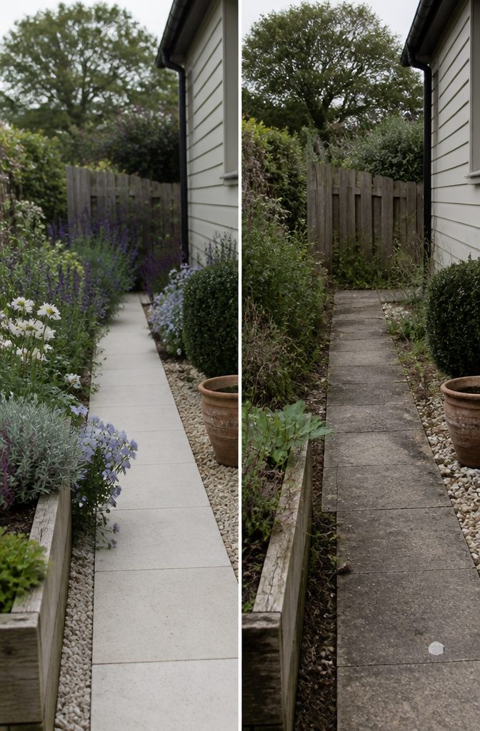 How to Design a Small Garden Space: 20 Ideas That Work 14 Pale garden paving beside blue and purple flowers and light walls