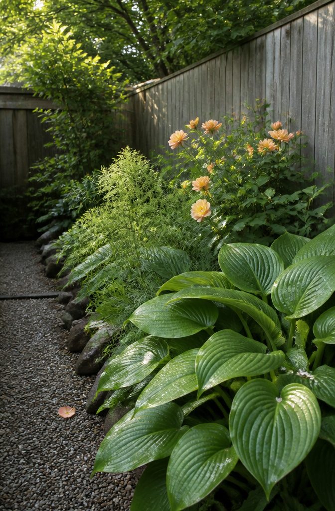 How to Design a Small Garden Space: 20 Ideas That Work 7 Amber roses among glossy broad leaves and fine feathery foliage
