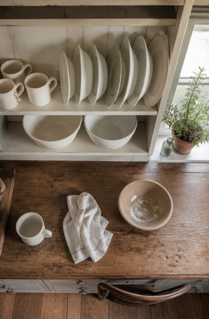 Ironstone platters and mugs arranged as a small kitchen collection