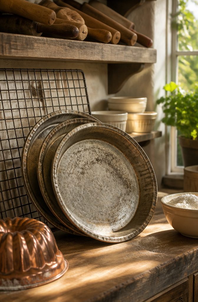 Vintage rolling pins and cream-colored stoneware arranged in shelf groupings