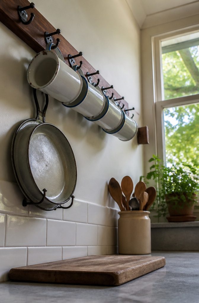 Vintage enamelware mugs hanging from wall hooks