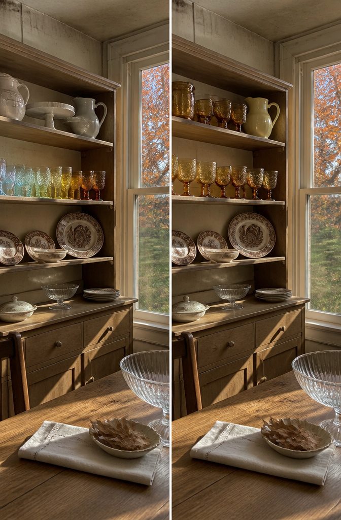Vintage dishes and glassware arranged in seasonal colors