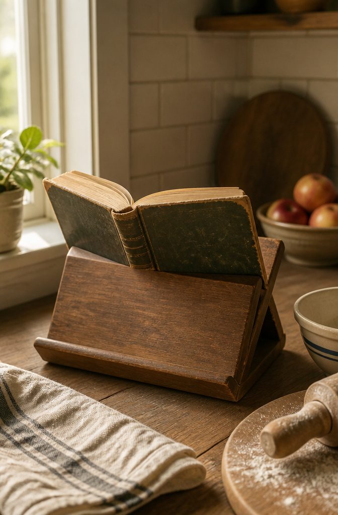 Open cookbook displayed on a kitchen stand