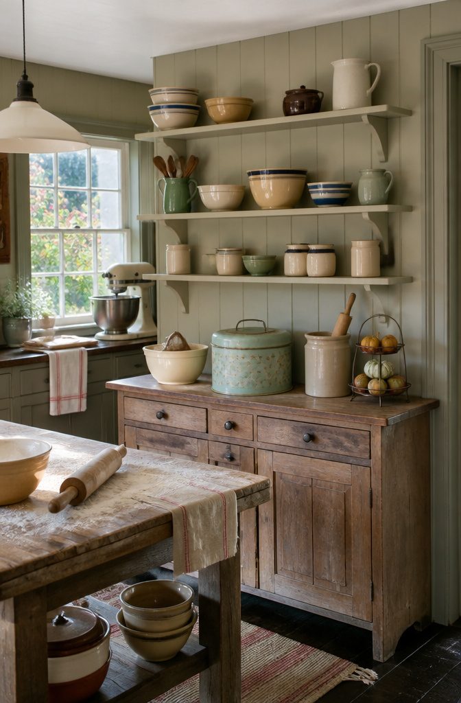 Patterned vintage cake carriers and baking pieces displayed on open shelves