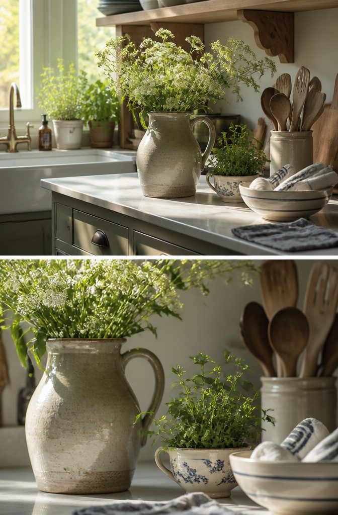 Vintage pitcher holding flowers in a home kitchen